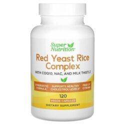 Super Nutrition Complexo de Arroz com Levedura Vermelha e Arroz com levedura de Arroz Vermelho Orgânico Acetilcisteína Coenzima Q10 e Extrato de Cardo-mariano 120 Cápsulas Vegetais