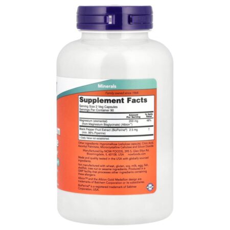 NOW Foods Glicinato de Magnésio com BioPerine® 180 Cápsulas Vegetais - Imagem 2