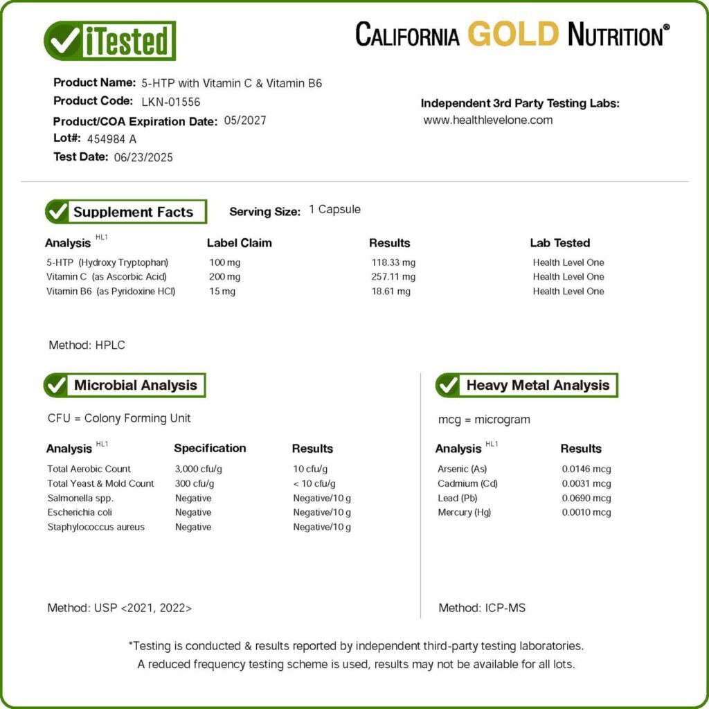California Gold Nutrition 5-HTP com Vitamina B6 e Vitamina C 60 Cápsulas Vegetais - Imagem 6