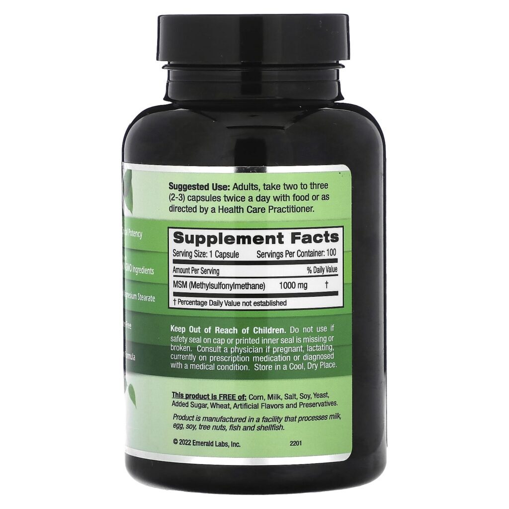 Emerald Laboratories MSM 1000 100 Cápsulas Vegetais (1.000 mg por Cápsula) - Imagem 2
