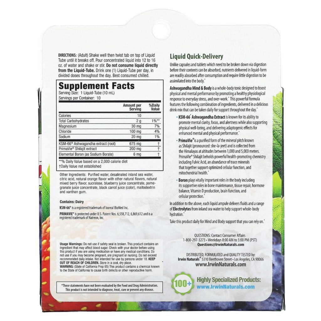 Irwin Naturals Ashwagandha Mind & Body Berry-Citrus 10 Líquidos-Tubos 100 ml (338 fl oz) - Imagem 2