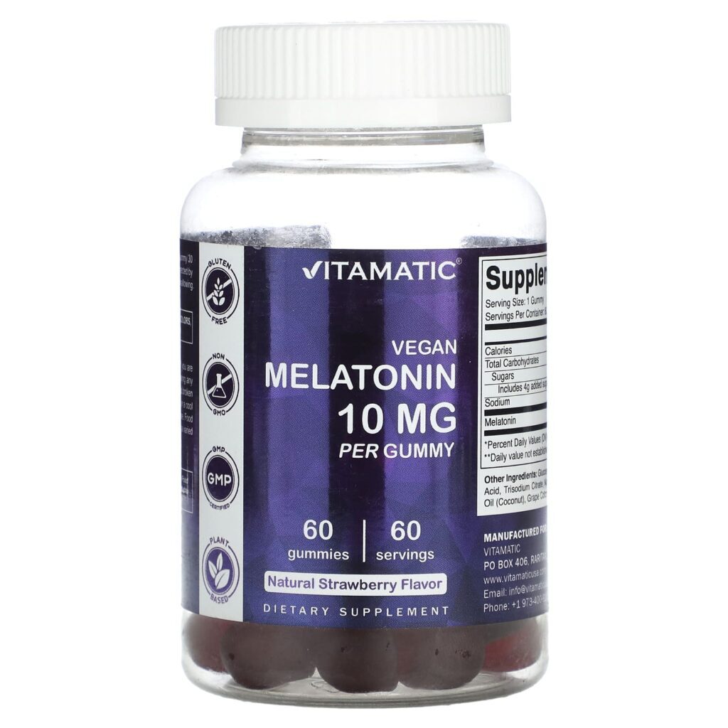 Vitamatic Gomas Veganas de Melatonina Sabor Natural de Morango 10 mg 60 Gomas