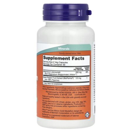 NOW Foods Glicinato de Magnésio com BioPerine® 60 Cápsulas Vegetais - Imagem 2