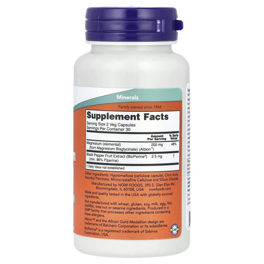 NOW Foods Glicinato de Magnésio com BioPerine® 60 Cápsulas Vegetais - Imagem 2