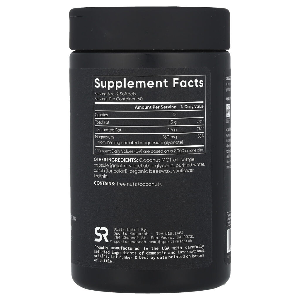 Sports Research Glicinato de Magnésio 120 Cápsulas Softgel (80 mg por Cápsula Softgel) - Imagem 2