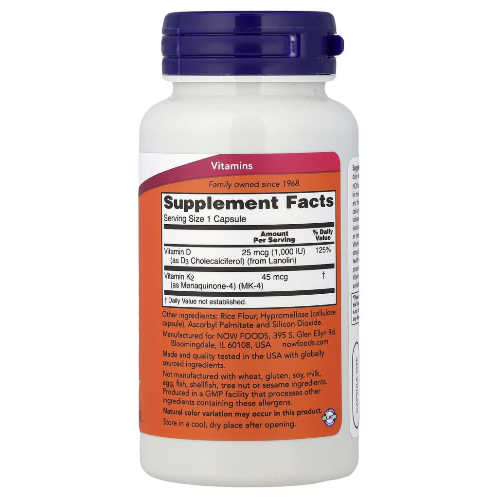NOW Foods Vitamina D3 e K2 120 Cápsulas - Imagem 2