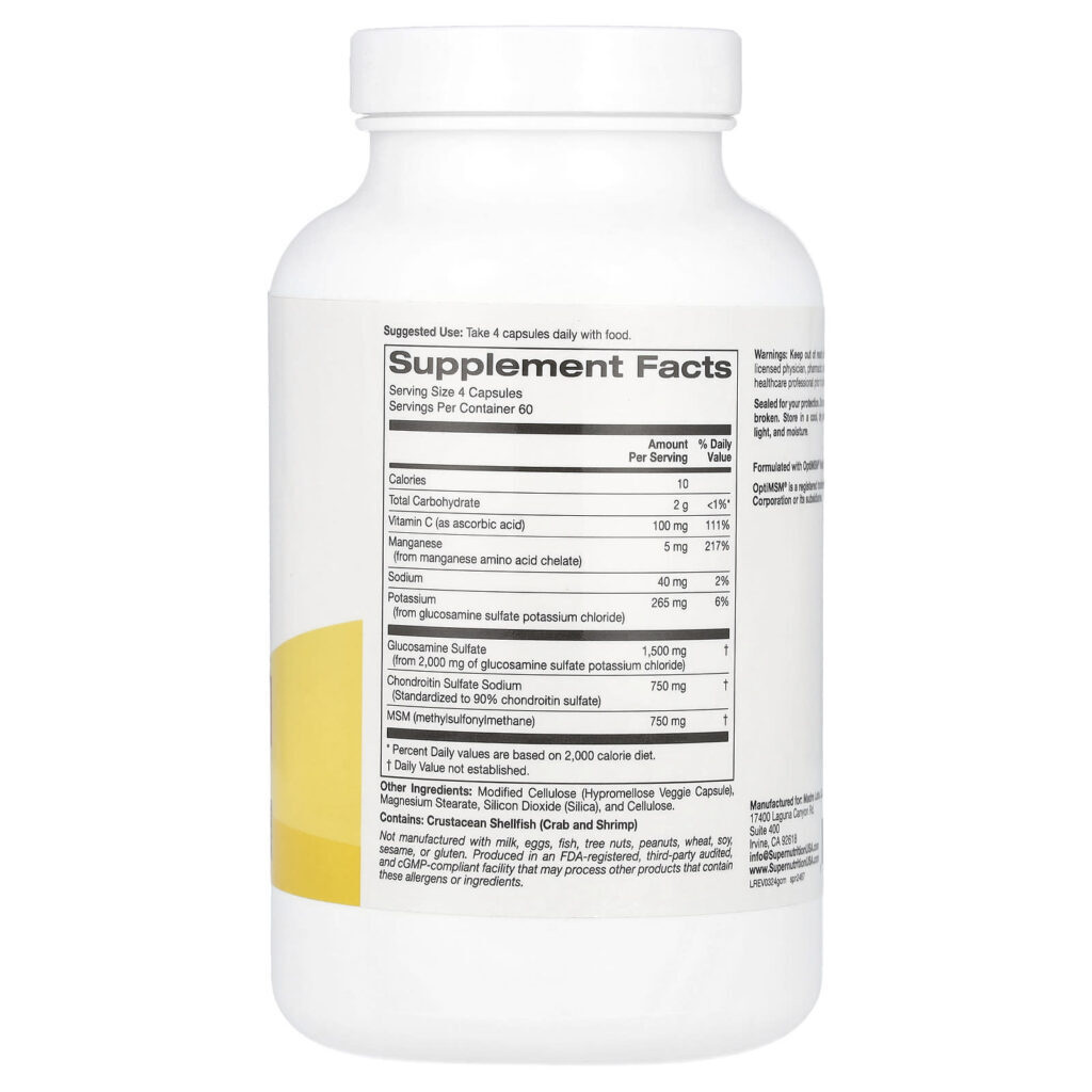Super Nutrition Glicosamina Condroitina e MSM com Potássio e Vitamina C 240 Cápsulas Vegetais - Imagem 2