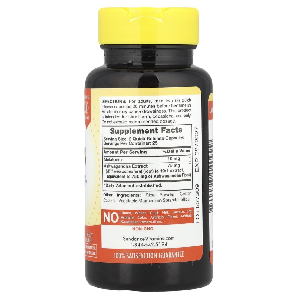 Sundance Vitamins Melatonina para o Sono + Ashwagandha 50 Cápsulas de Liberação Rápida - Imagem 2