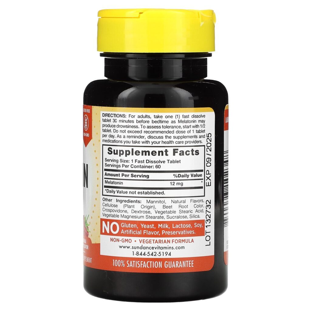 Sundance Vitamins Máx. De Dissolução Rápida Melatonina Fruto Silvestre Natural 12 mg 60 Comprimidos de Dissolução Rápida - Imagem 2