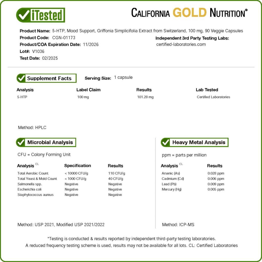 California Gold Nutrition 5-HTP Auxílio ao Humor Extrato de Griffonia Simplicifolia da Suíça 100 mg 90 Cápsulas Vegetais - Imagem 5