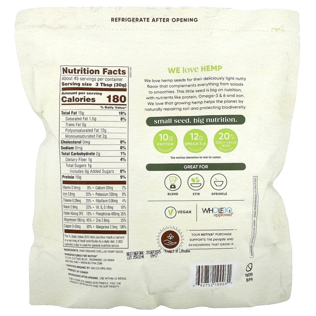 Nutiva Sementes de Cânhamo Orgânico Crus e Descascados 136 kg (3 lb) - Imagem 2