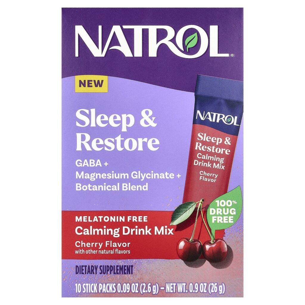 Natrol Sleep & Restore Mistura para Bebida Calmante Sem Melatonina Cereja 10 Embalagens 26 g (009 oz) Cada
