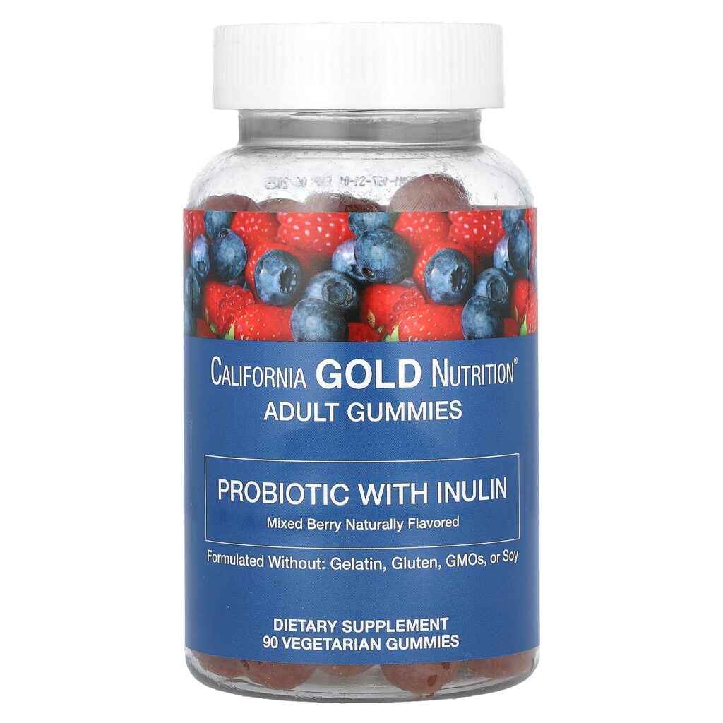 California Gold Nutrition Probiótico com Gomas de Inulina com Vitamina C Folato Mistura de Extrato de Frutos Silvestres e Inulina Orgânica Frutos Silvestres Mistos Naturais 90 Gomas Vegetarianas