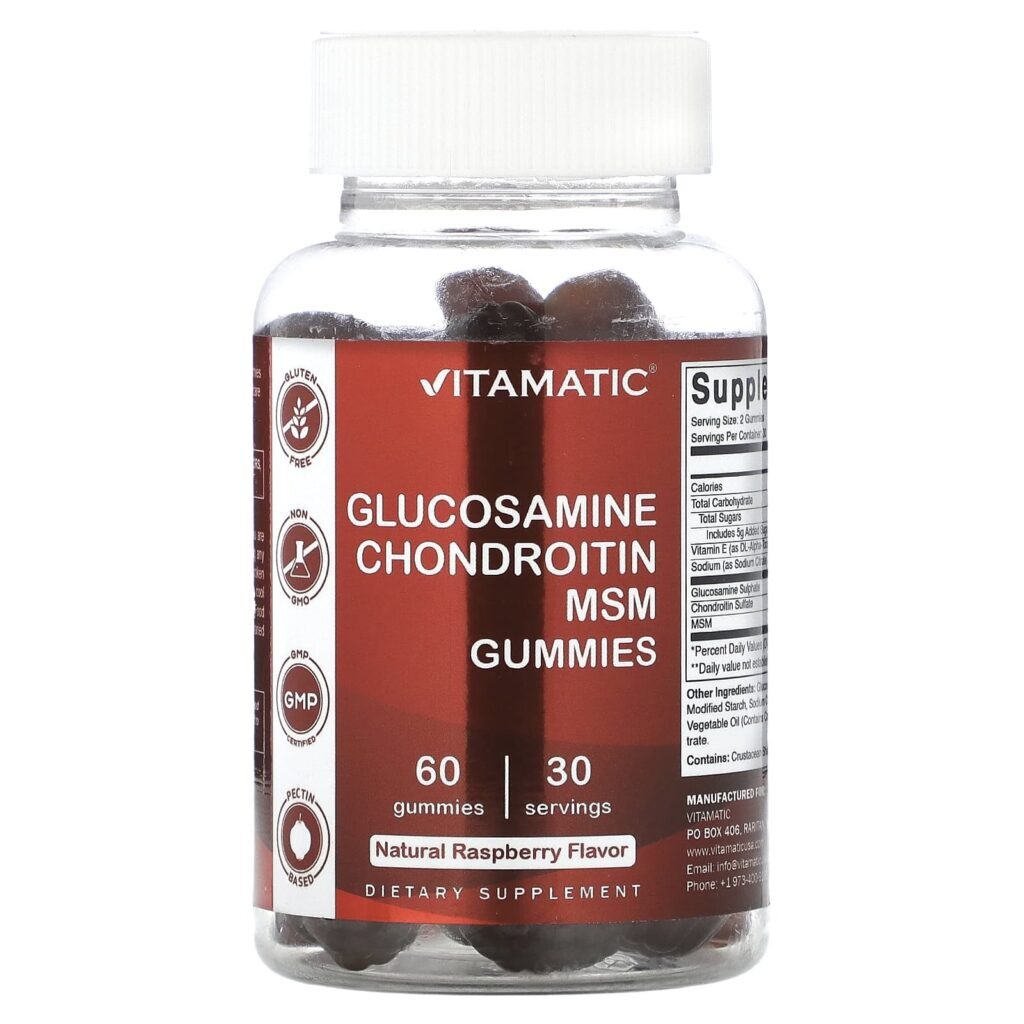 Vitamatic Gomas de Glicosamina e Condroitina MSM Framboesa Natural 60 Gomas