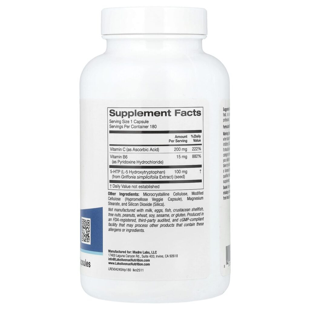Lake Avenue Nutrition 5-HTP com Vitamina B6 e Vitamina C 180 Cápsulas Vegetais - Imagem 2