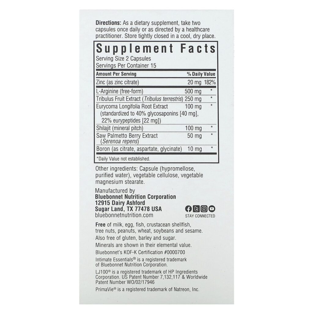 Bluebonnet Nutrition Intimate Essentials Para Ele Testosterona e Reforço da Libido 30 Cápsulas Vegetais - Imagem 2