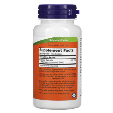 NOW Foods Cascara Sagrada 450 mg 100 Cápsulas Vegetais - Imagem 2