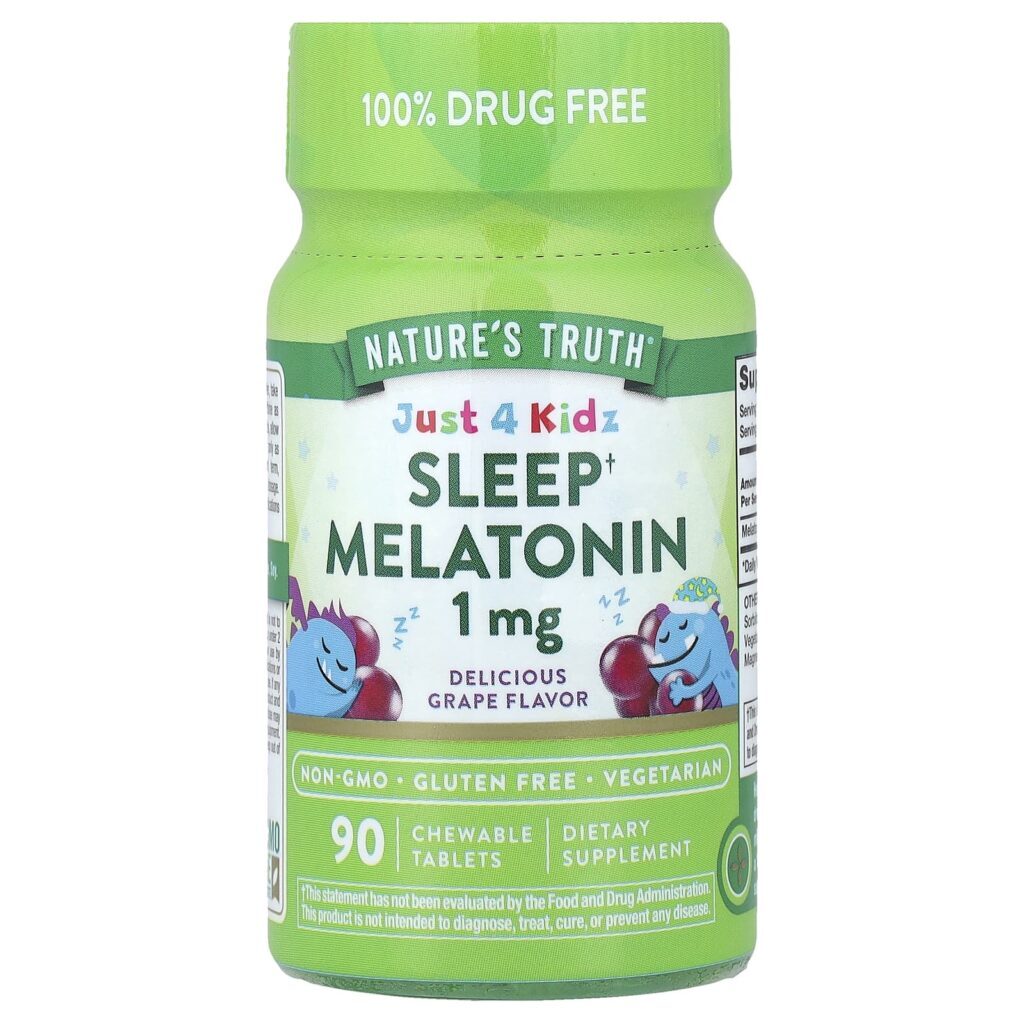 Natures Truth Just 4 Kidz Melatonina para o Sono Uva Deliciosa 1 mg 90 Comprimidos Mastigáveis