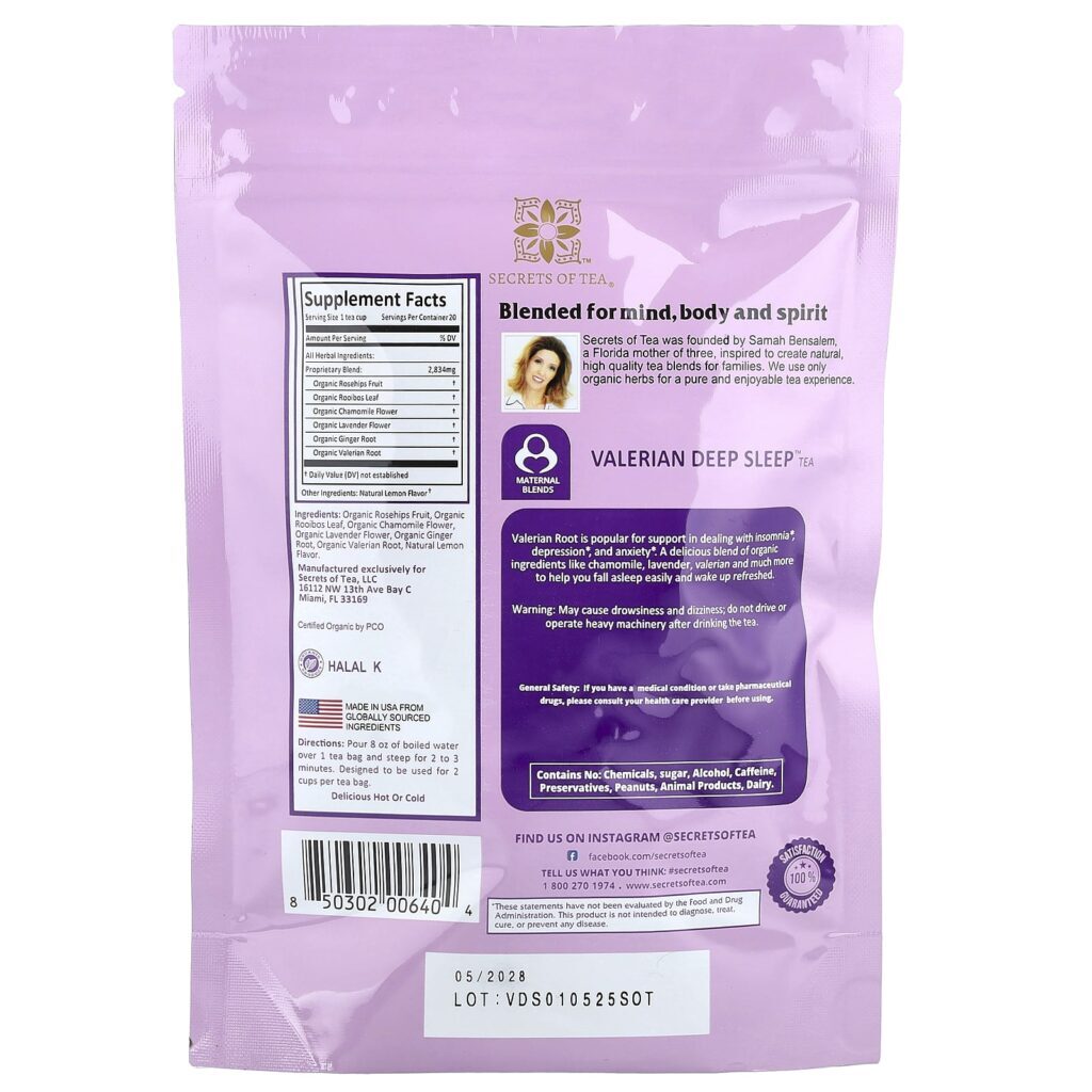 Secrets of Tea Chá Orgânico Valerian Deep Sleep™ Sem Cafeína 20 Saquinhos de Chá 40 g (14 oz) - Imagem 2