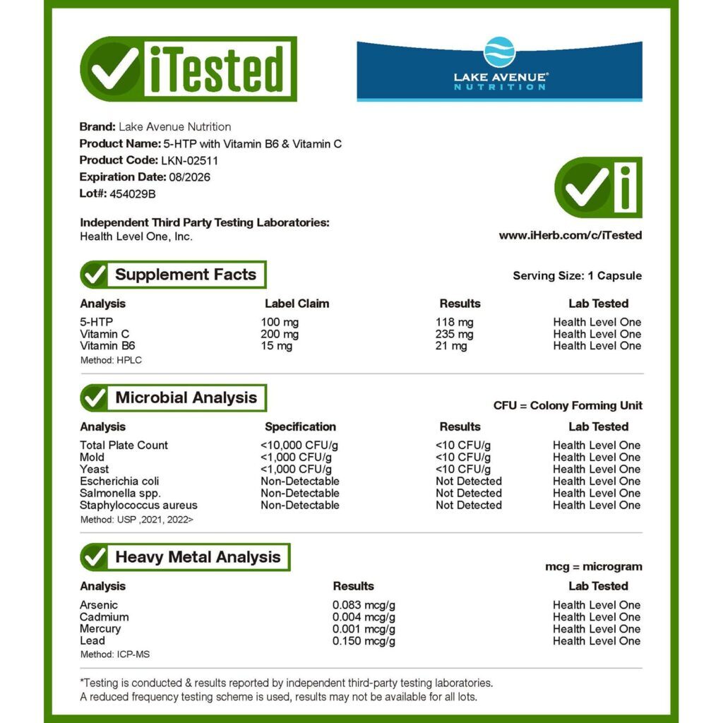 Lake Avenue Nutrition 5-HTP com Vitamina B6 e Vitamina C 180 Cápsulas Vegetais - Imagem 4