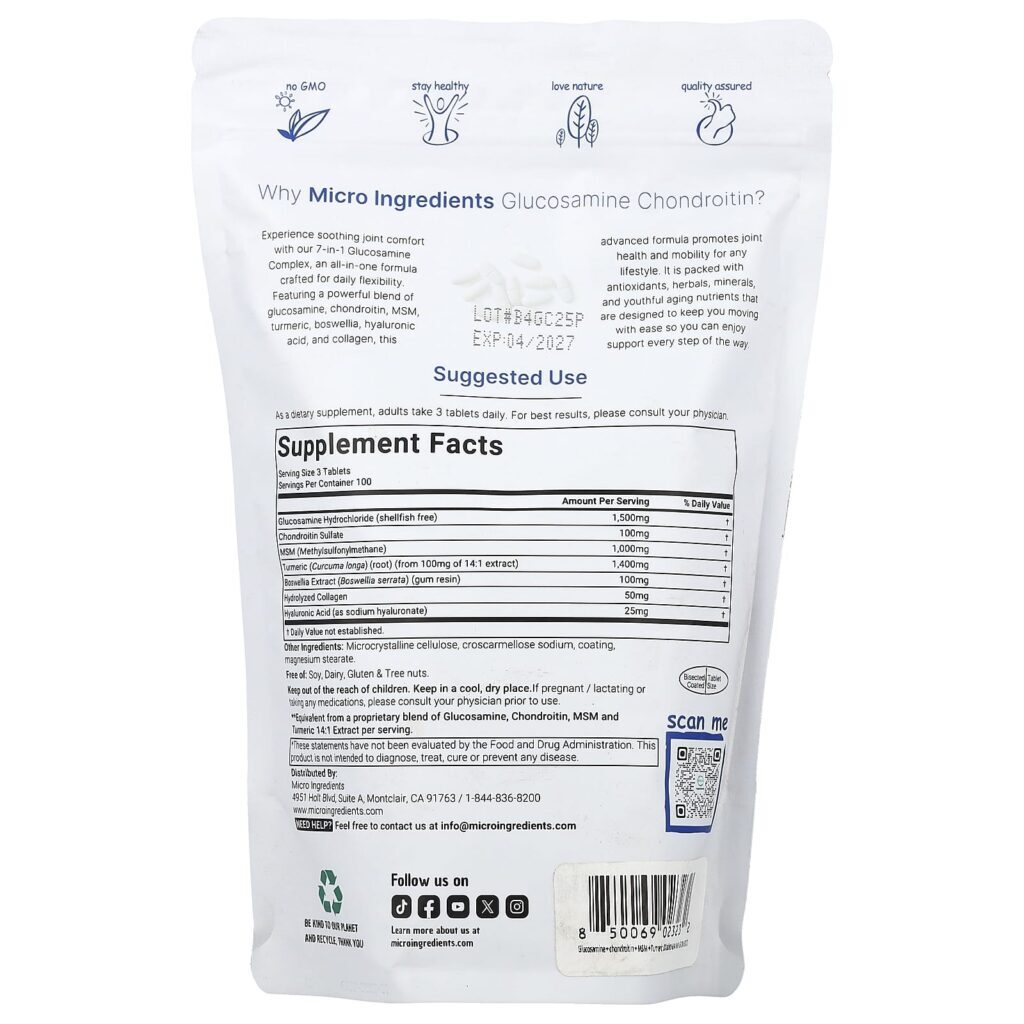 Micro Ingredients Glicosamina Condroitina MSM e Cúrcuma 300 Comprimidos Bipartidos - Imagem 2