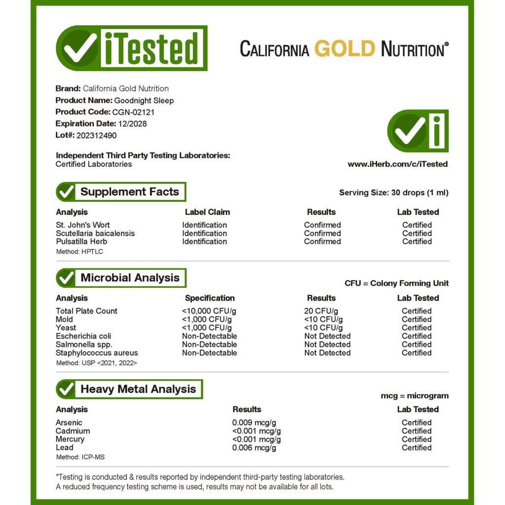 California Gold Nutrition Goodnight Sleep com Semente de Aveia Leitosa Fresca Erva-de-São-João Escutelária e Ervas de Passiflora 30 ml (1 fl oz) - Imagem 5