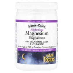 Natural Factors Stress-Relax® Bisglicinato de Magnésio Noturno em Pó com Melatonina Gaba e L-theanine Fruta Tropical 120 g (423 oz)
