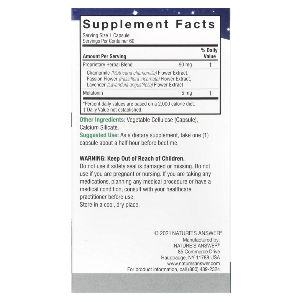 Natures Answer Melatonina + 5 mg 60 Cápsulas Vegetarianas - Imagem 2