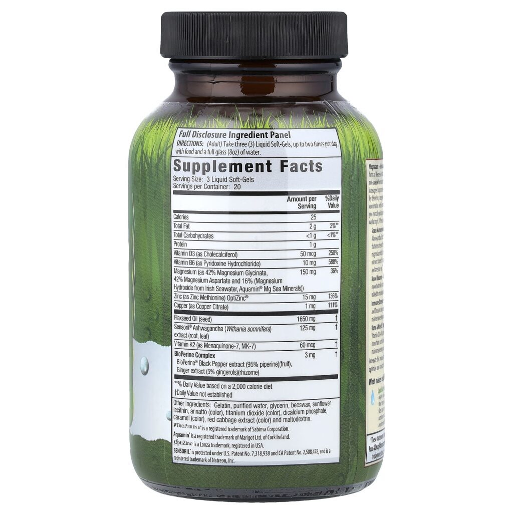 Irwin Naturals Magnésio de Fonte Tripla + Ashwagandha 60 Cápsulas Softgel Líquidas - Imagem 2