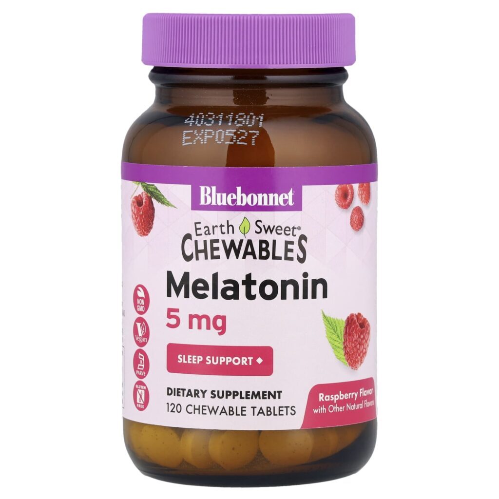 Bluebonnet Nutrition Mastigáveis Doces da Terra Melatonina Sabor Natural de Framboesa 5 mg 120 Comprimidos Mastigáveis