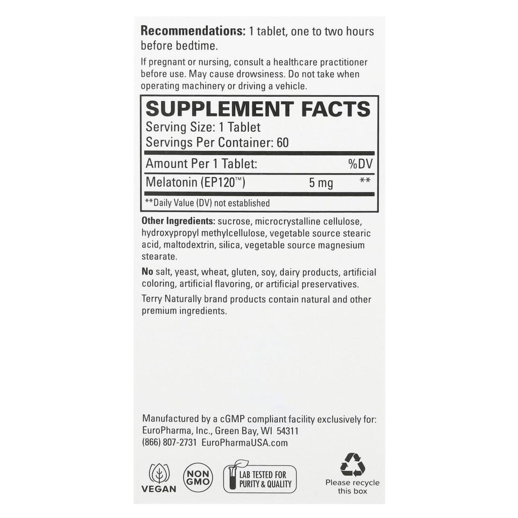 Terry Naturally Melatonina EP120 5 mg 60 Comprimidos - Imagem 2