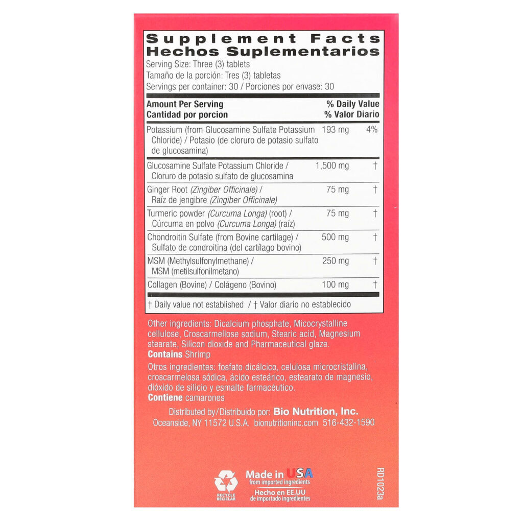 Bio Nutrition Glicosamina/Condroitina/MSM e Cúrcuma Avançadas Gengibre e Colágeno 90 Comprimidos - Imagem 2