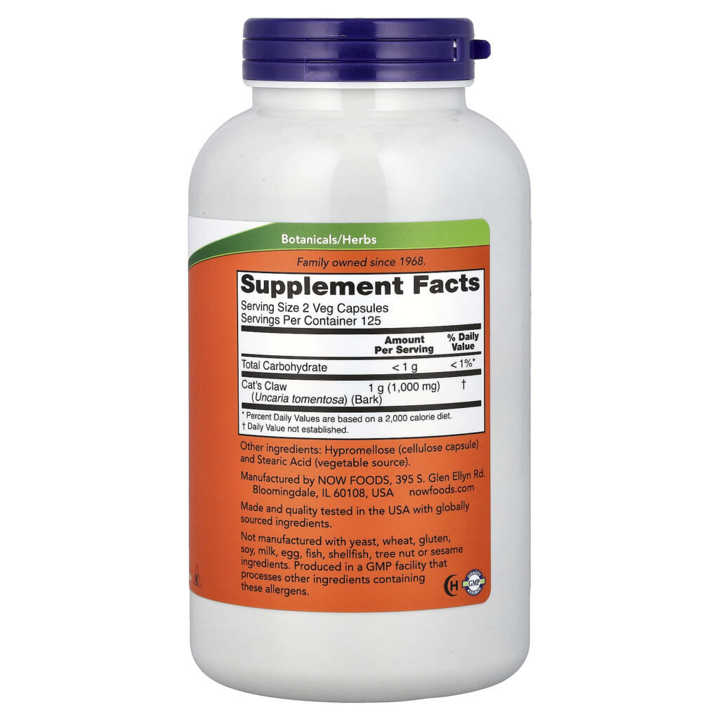 NOW Foods Unha de Gato 500 mg 250 Cápsulas Vegetais - Imagem 2