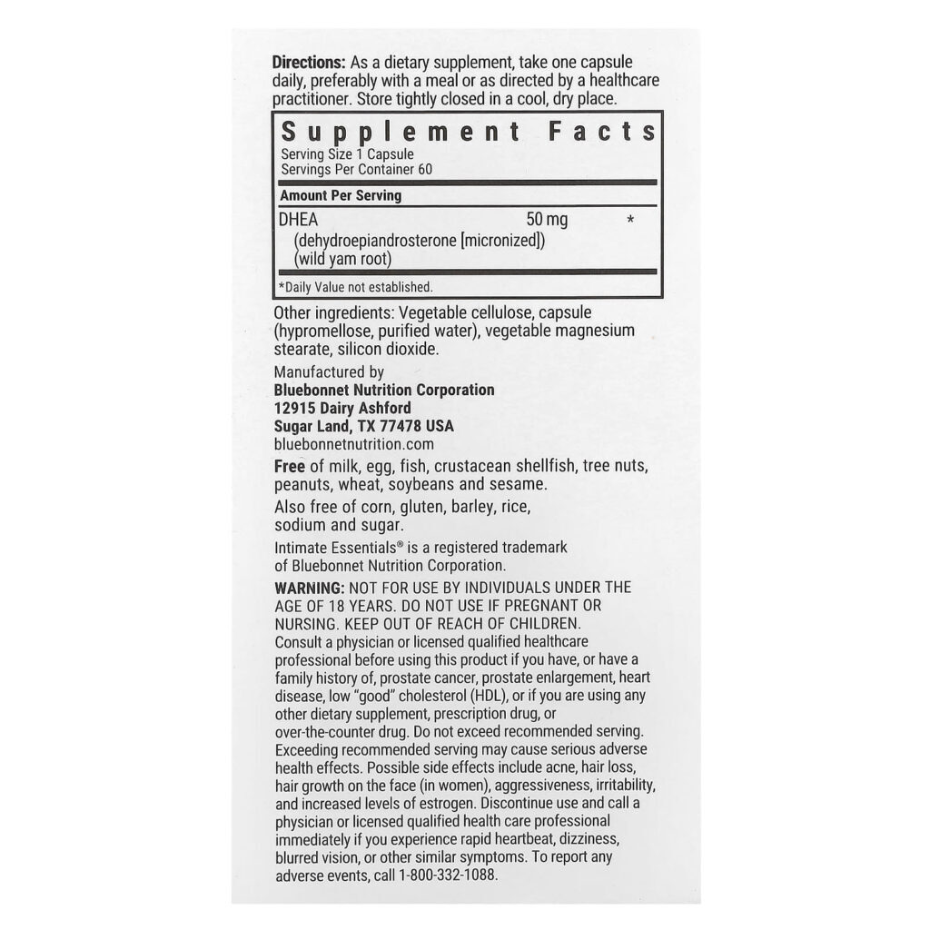 Bluebonnet Nutrition Intimate Essentials® DHEA Para Ele e Para Ela 50 mg 60 Cápsulas Vegetais - Imagem 2