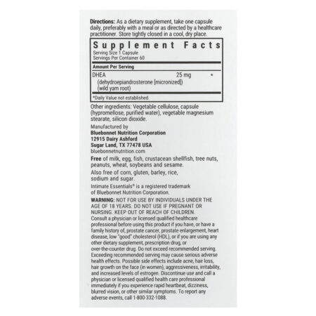 Bluebonnet Nutrition Intimate Essentials DHEA Para Ele e Para Ela 25 mg 60 Cápsulas Vegetais - Imagem 2