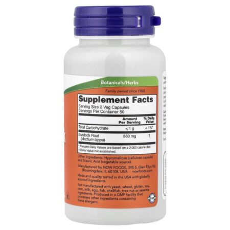 NOW Foods Raiz de Bardana 430 mg 100 Cápsulas Vegetais - Imagem 2