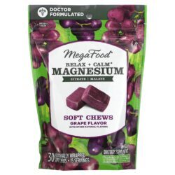 MegaFood Relaxe + Calma Cápsulas Mastigáveis de Magnésio Uva 30 Cápsulas Mastigáveis Embaladas Individualmente (125 mg por Cápsula Mastigável)