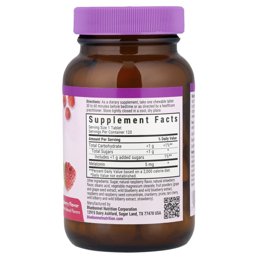 Bluebonnet Nutrition Mastigáveis Doces da Terra Melatonina Sabor Natural de Framboesa 5 mg 120 Comprimidos Mastigáveis - Imagem 2