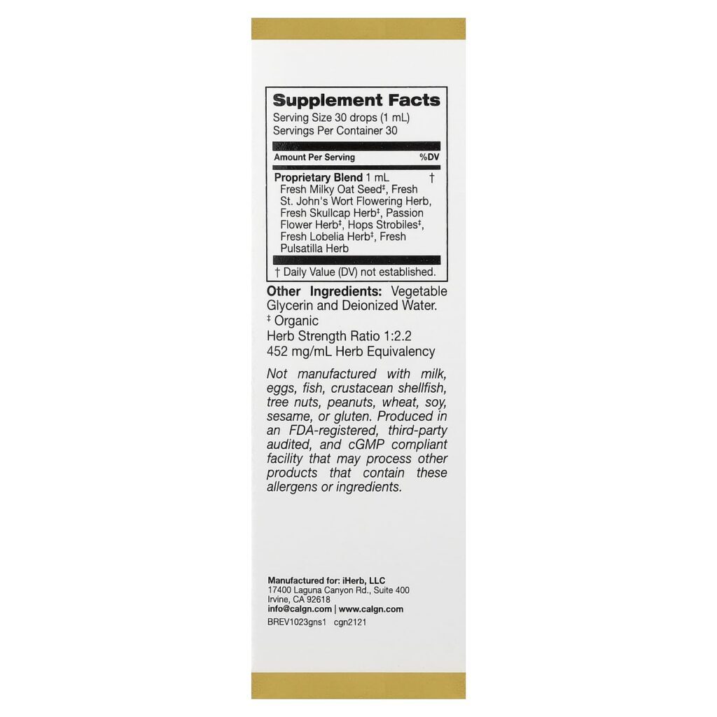 California Gold Nutrition Goodnight Sleep com Semente de Aveia Leitosa Fresca Erva-de-São-João Escutelária e Ervas de Passiflora 30 ml (1 fl oz) - Imagem 2