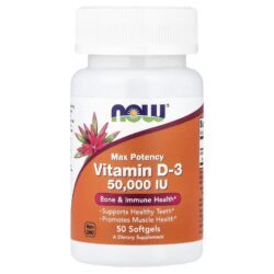 NOW Foods Vitamina D-3 Máxima Potência 50.000 UI 50 Cápsulas Softgel