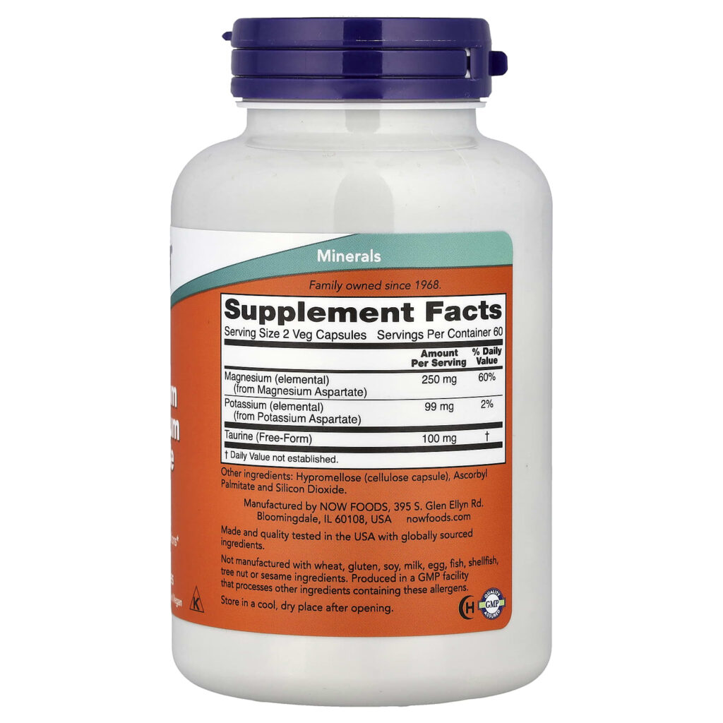NOW Foods Aspartato de Magnésio e Potássio com Taurina 120 Cápsulas Vegetais - Imagem 2