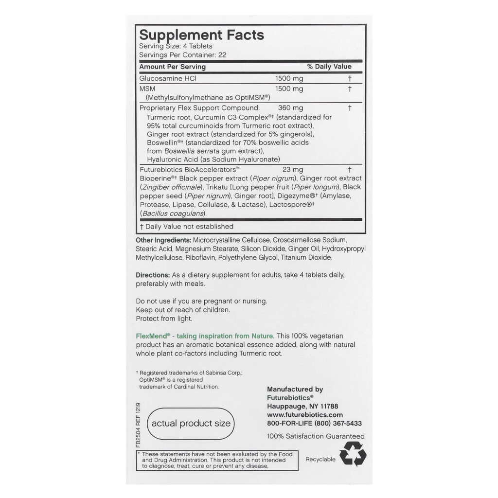 Futurebiotics FlexMend® Glicosamina Vegetariana com MSM 90 Comprimidos Vegetarianos - Imagem 2