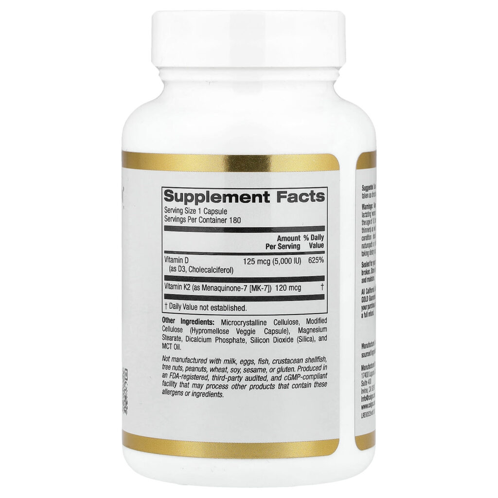California Gold Nutrition Vitaminas D3 + K2 como MK- 7 180 Cápsulas Vegetais - Imagem 2