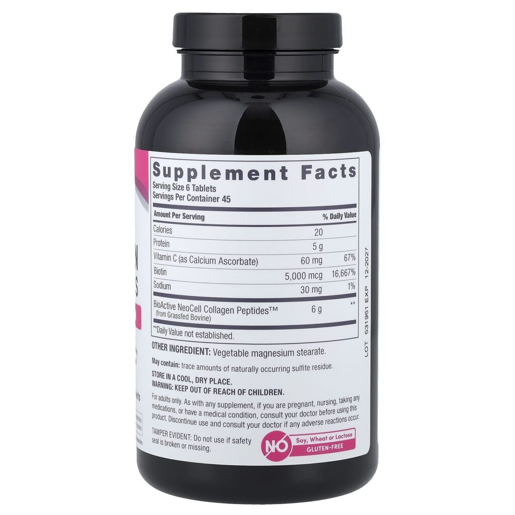 NeoCell Peptídeos de Colágeno de Gado Criado no Pasto + Vitamina C e Biotina 270 Comprimidos - Imagem 2