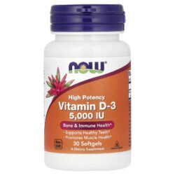NOW Foods Vitamina D-3 Alta Potência 5.000 UI 30 Cápsulas Softgel