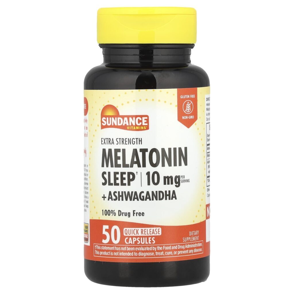 Sundance Vitamins Melatonina para o Sono + Ashwagandha 50 Cápsulas de Liberação Rápida