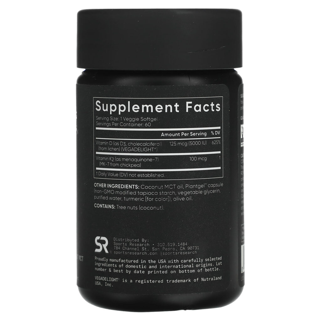 Sports Research D3 + K2 À Base de Plantas 125 mcg/100 mcg 60 Cápsulas Softgel Vegetais - Imagem 2