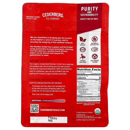 Cederberg Tea Co Chá de Ervas Orgânicas da África do Sul Rooibos Vermelho Sem Cafeína 30 Saquinhos de Chá 75 g (26 oz) — foto 2