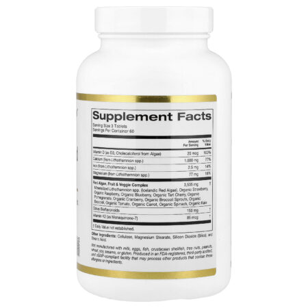 California Gold Nutrition Cálcio à Base de Algas com Cálcio Vitamina D3 e Magnésio Morango Framboesa e Mirtilo Orgânicos 180 Comprimidos — foto 2