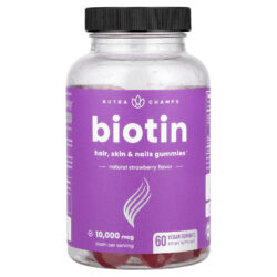 NutraChamps Gomas de Biotina Sabor Natural de Morango 10.000 mcg 60 Gomas Veganas (5.000 mcg por Goma)